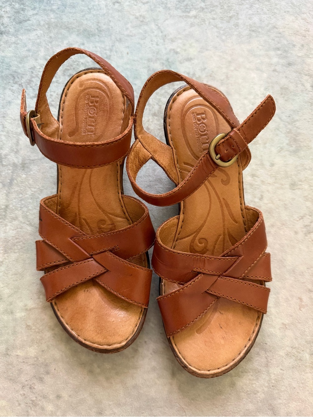 Born Tan Leather Crisscross Ankle-Strap Wedge Sandals
